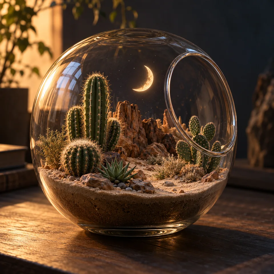 A glass terrarium containing a miniature cactus desert and tiny crescent moon, surreal studio still life