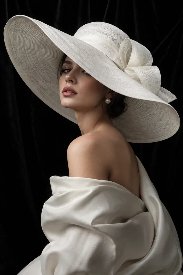 A dramatic editorial portrait of an adult wearing an oversized white hat against black velvet, precise studio light