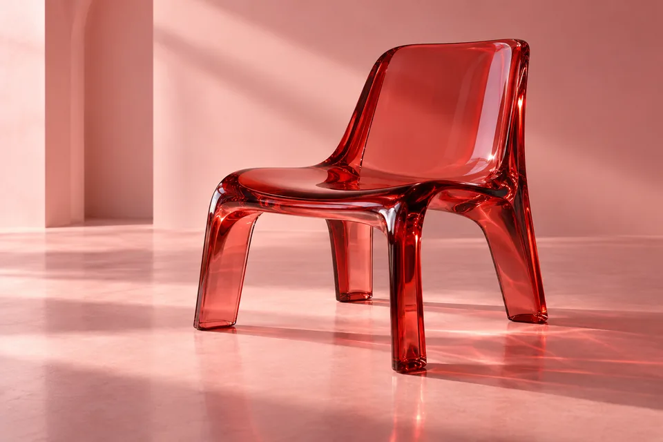 A translucent red glass chair on a soft pink studio floor, premium furniture visualization