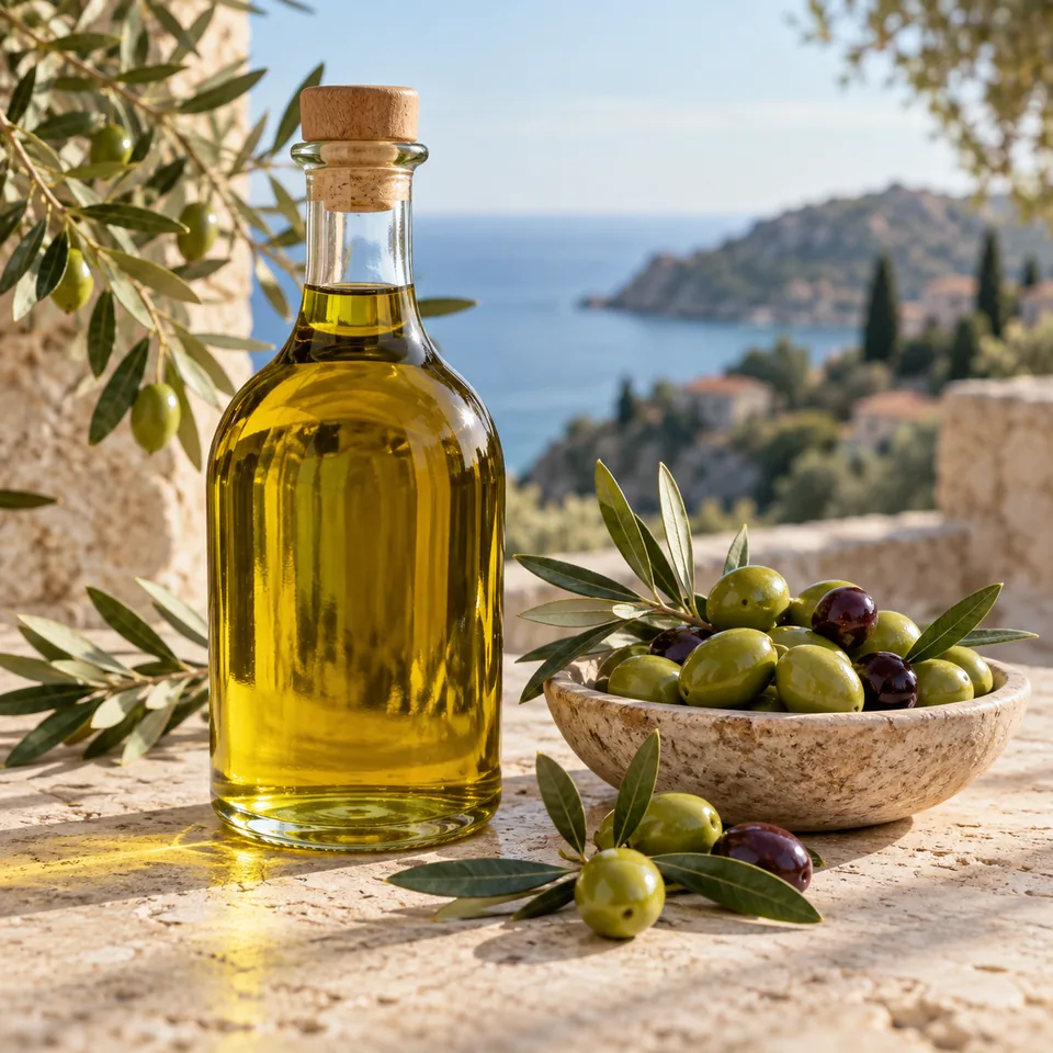 A bottle of olive oil beside fresh olives on a pale stone table, Mediterranean product still life without label