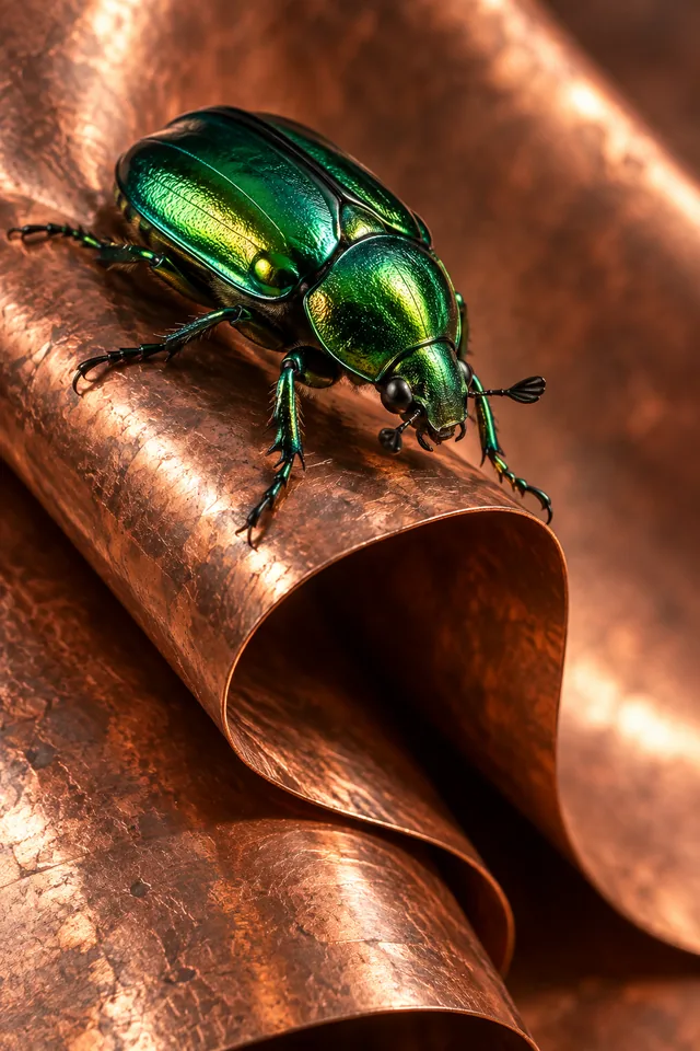 A jewel-like emerald beetle resting on a folded copper sheet, macro material contrast