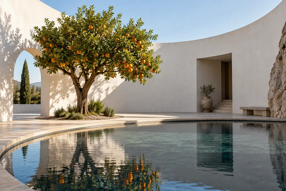 A peaceful courtyard with curved white walls, reflecting pool and one orange tree, architectural photograph