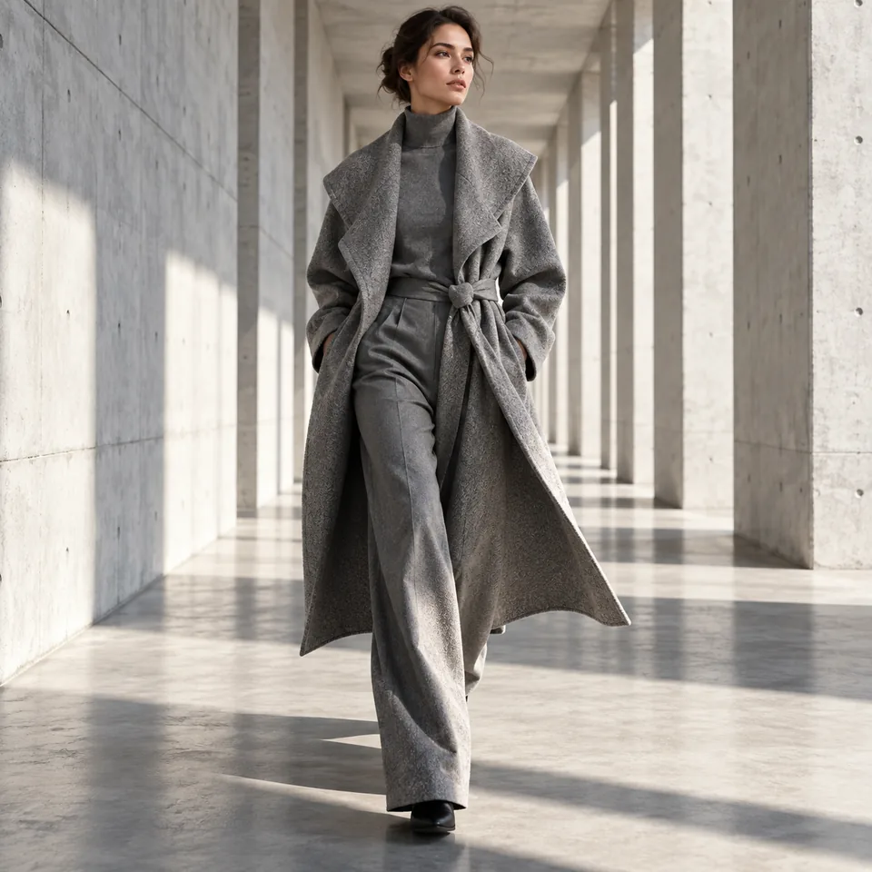 A sculptural gray coat on an adult model walking through a bright concrete corridor, fashion editorial