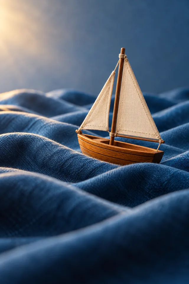 A tiny wooden sailboat on blue folded fabric that resembles rolling waves, crafted tabletop still life