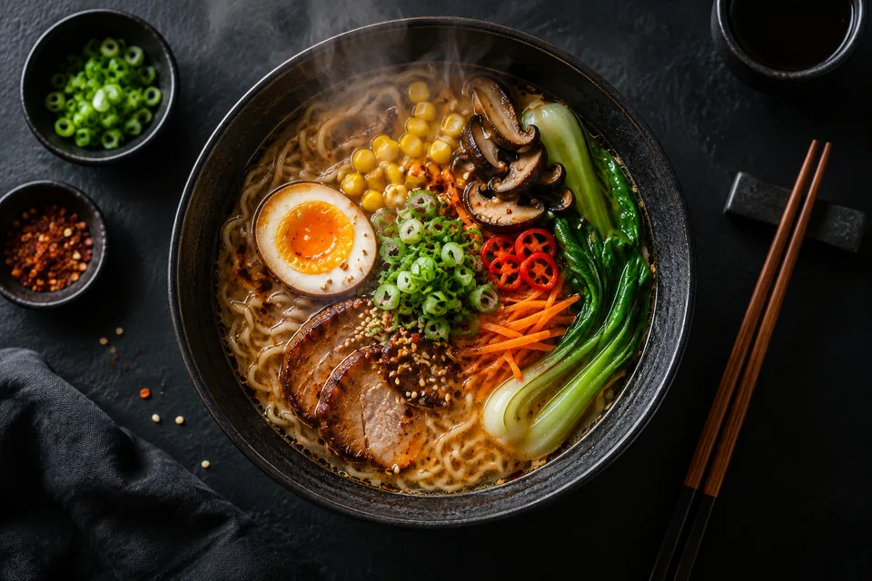 A bowl of ramen with vivid vegetables photographed overhead on a matte black table, natural steam