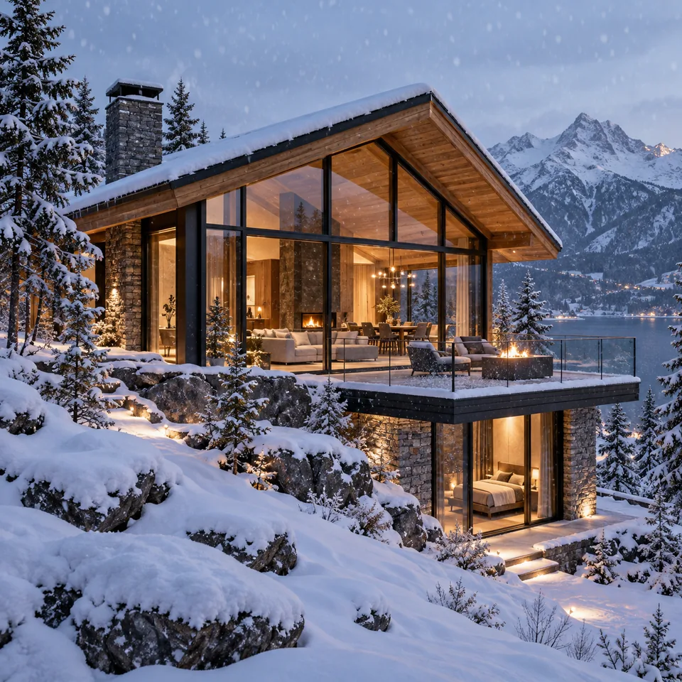 A contemporary mountain cabin with panoramic glass and warm timber at snowfall, architectural visualization