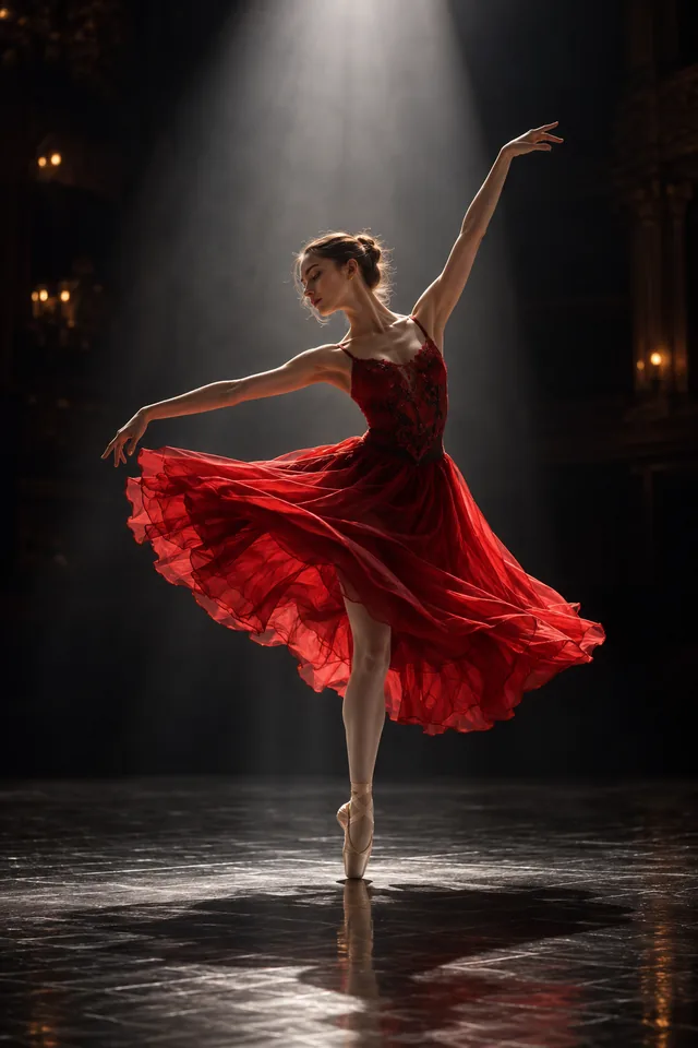 A ballet dancer in a red skirt beneath a shaft of light in a dark theater, elegant motion photograph