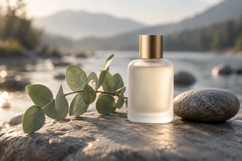 A frosted perfume bottle beside a smooth river stone and a branch of eucalyptus, minimal product shot
