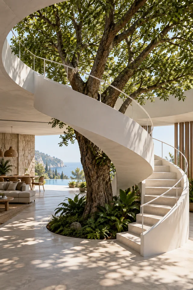 A white staircase winding around a mature green tree in an open-air home, architectural magazine image