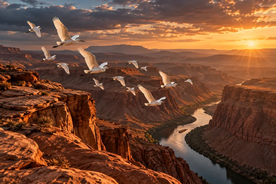 A dramatic flock of white birds above a copper desert canyon, cinematic landscape photograph