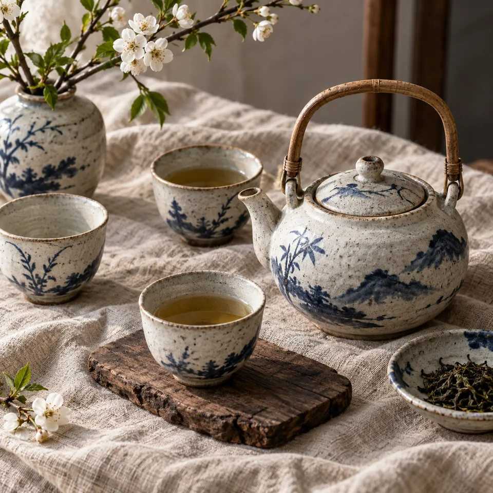 A handmade ceramic tea set with indigo brushwork arranged on raw linen, authentic tactile still life