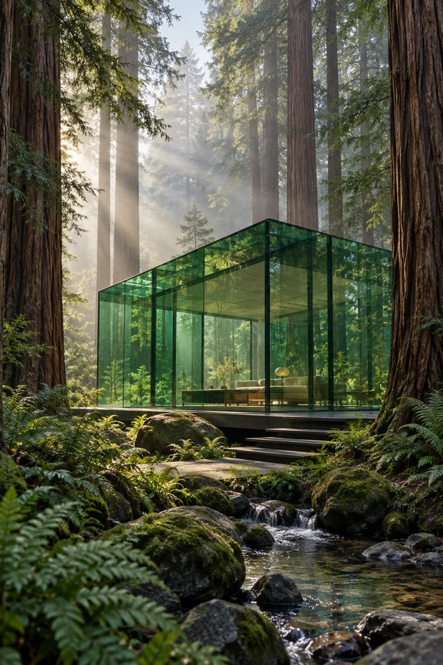 An emerald glass pavilion among towering redwoods in morning mist, architectural photography