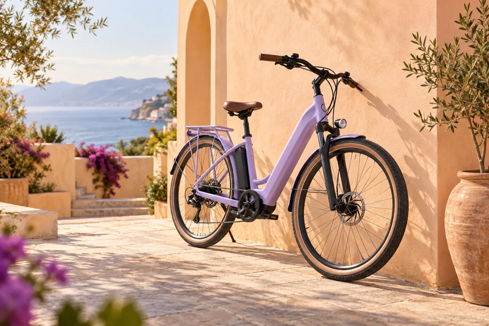 A lavender electric bicycle leaning against pale apricot architecture, clean lifestyle advertisement without text