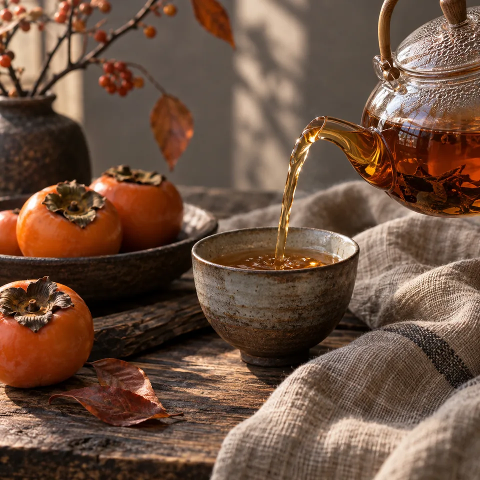 A glass teapot pouring amber tea beside persimmons and rough linen, serene editorial still life