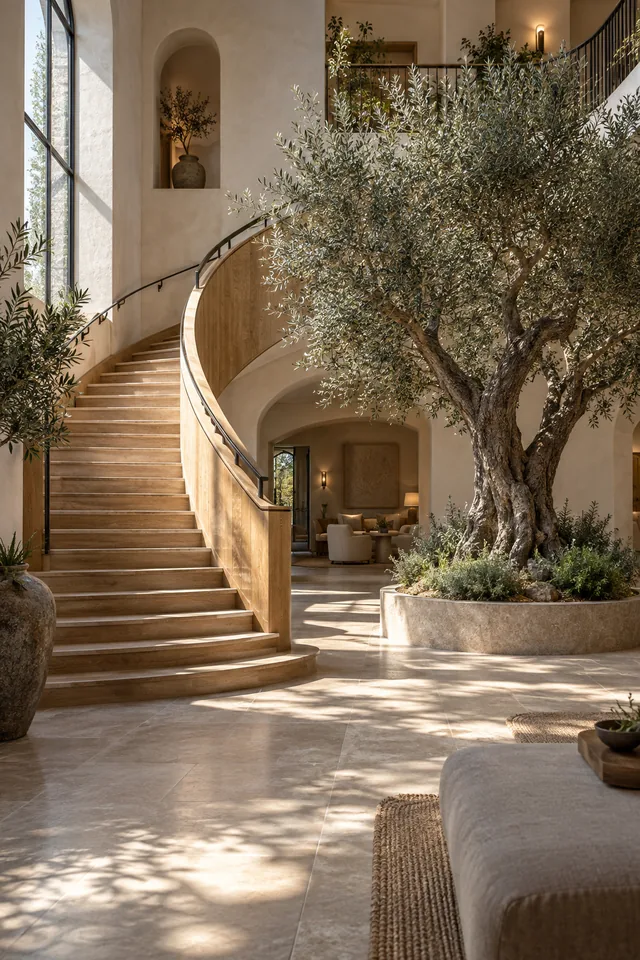 A boutique hotel atrium with curved oak stairs and a mature olive tree, soft daylight architectural photograph
