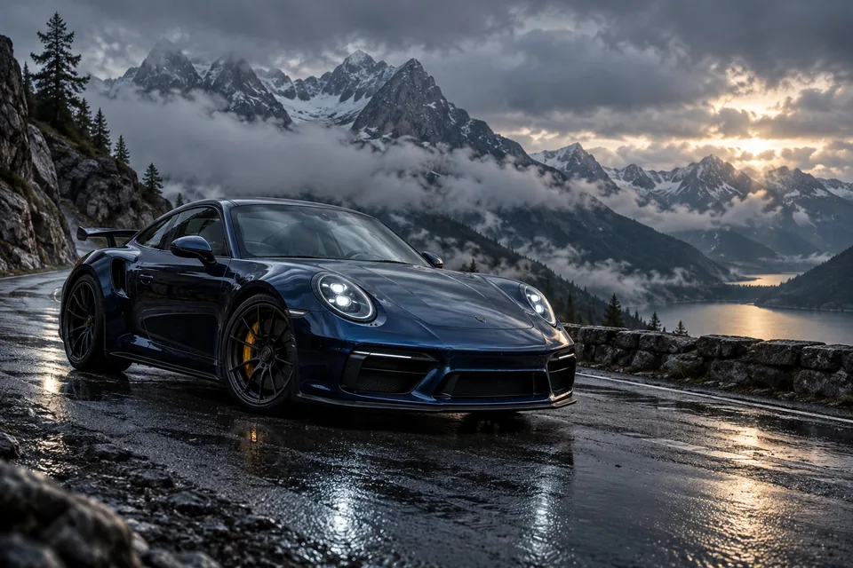 A glossy midnight-blue sports car parked on wet mountain asphalt under low clouds, cinematic automotive image