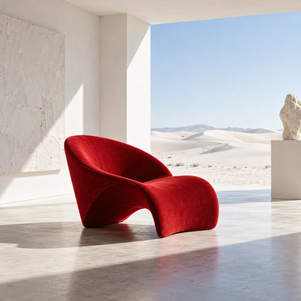 A sculptural crimson chair in an all-white desert gallery, bold minimalist interior photograph