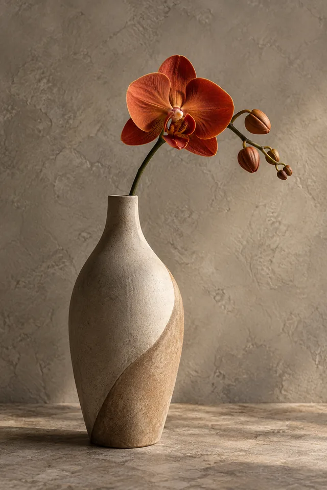 A contemporary ceramic vase with a single burnt-orange orchid on warm gray plaster, refined still life
