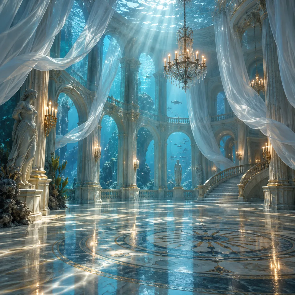 An underwater ballroom with floating sheer curtains and sunbeams, poetic surreal architectural scene