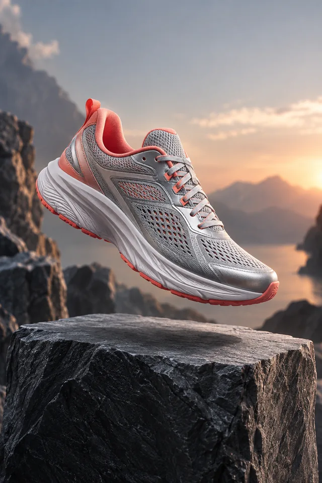 A silver running shoe with coral fabric accents hovering over a slate pedestal, product campaign photograph