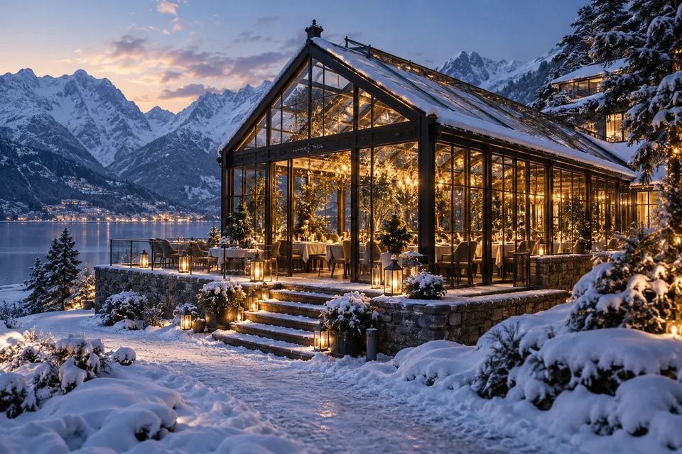 A glasshouse restaurant surrounded by snow with golden interior light, atmospheric architecture