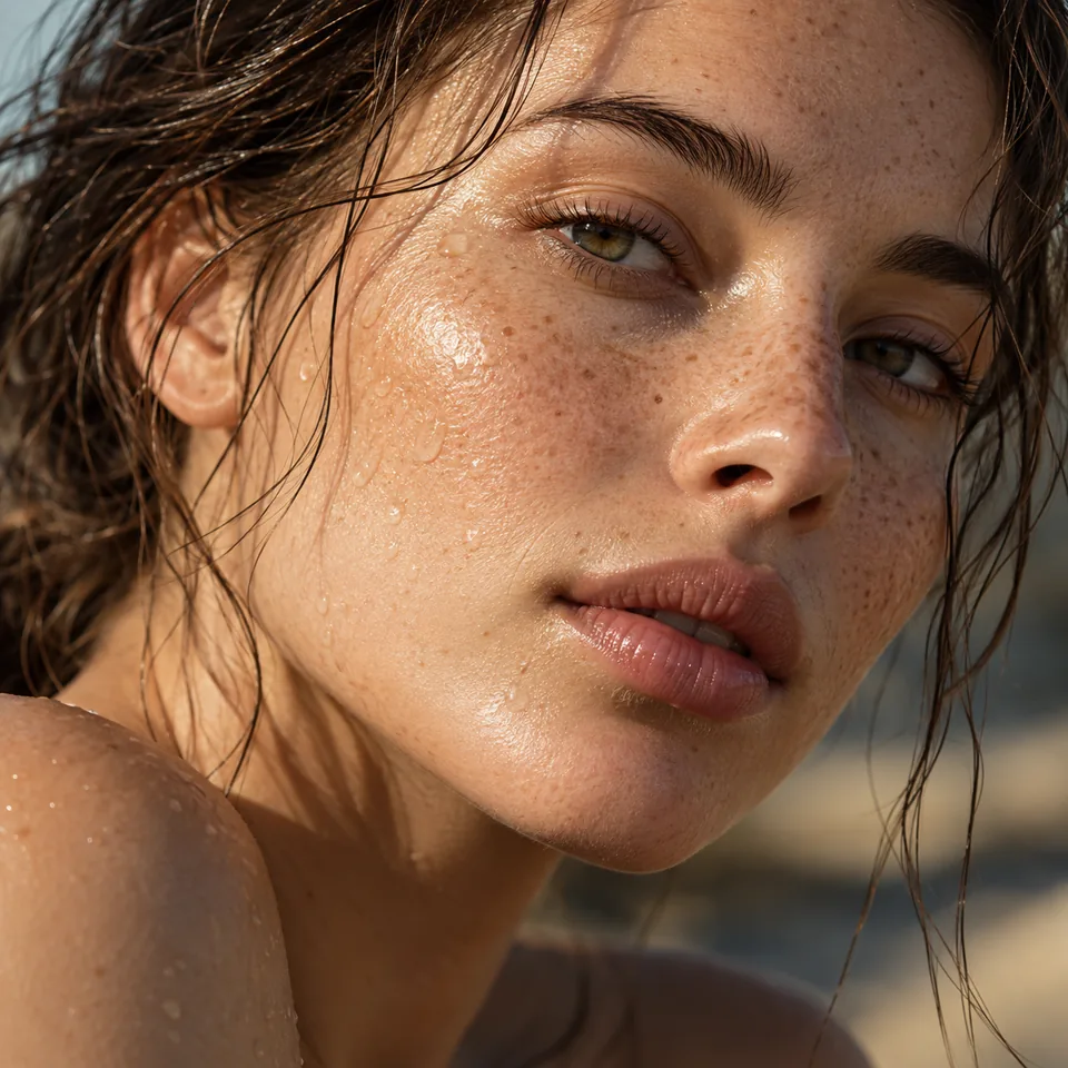 A close-up beauty portrait of an adult woman with freckles and dew on her cheek, natural skin texture