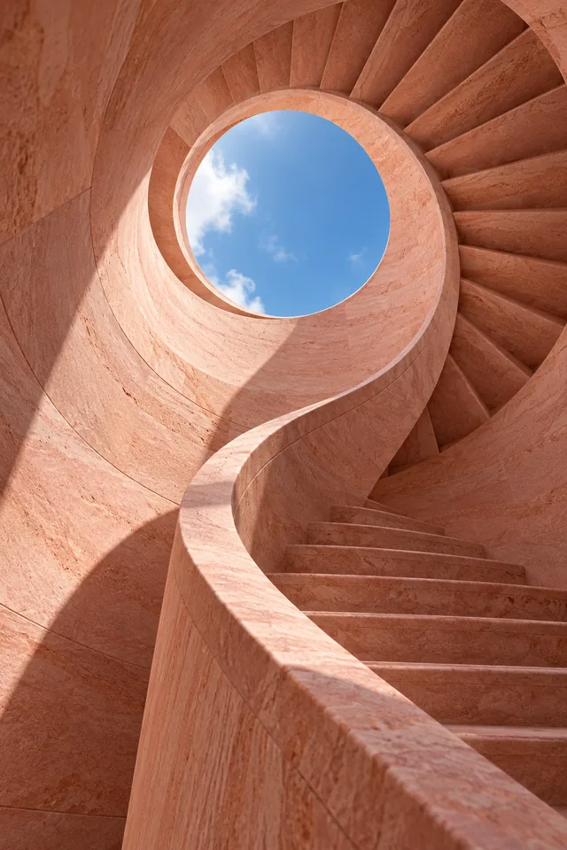A spiral staircase carved from pink sandstone leading to blue sky, abstract architectural photograph