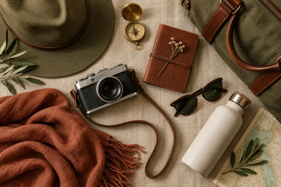 A flat-lay of elegant travel objects in olive, cream and rust on woven linen, no visible brand or writing