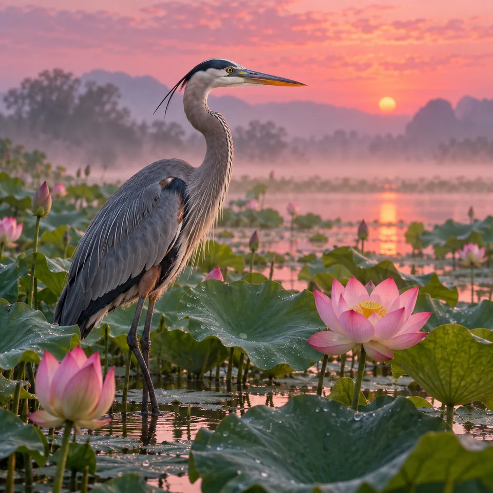 A heron standing among lotus leaves at pink dawn, painterly but photoreal wildlife image