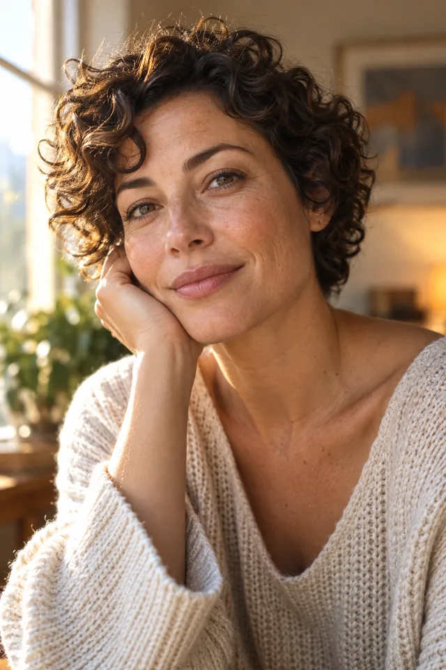A natural close-up portrait of an adult woman with short curly hair in warm window light, detailed skin texture