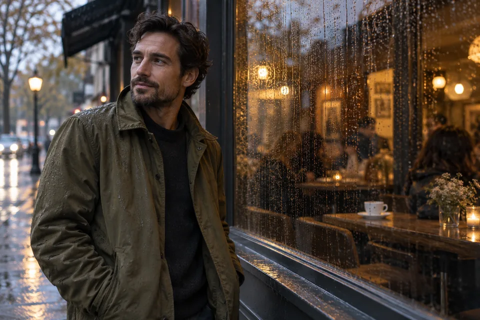 An adult man in an olive jacket standing beside a rain-streaked cafe window, candid cinematic portrait