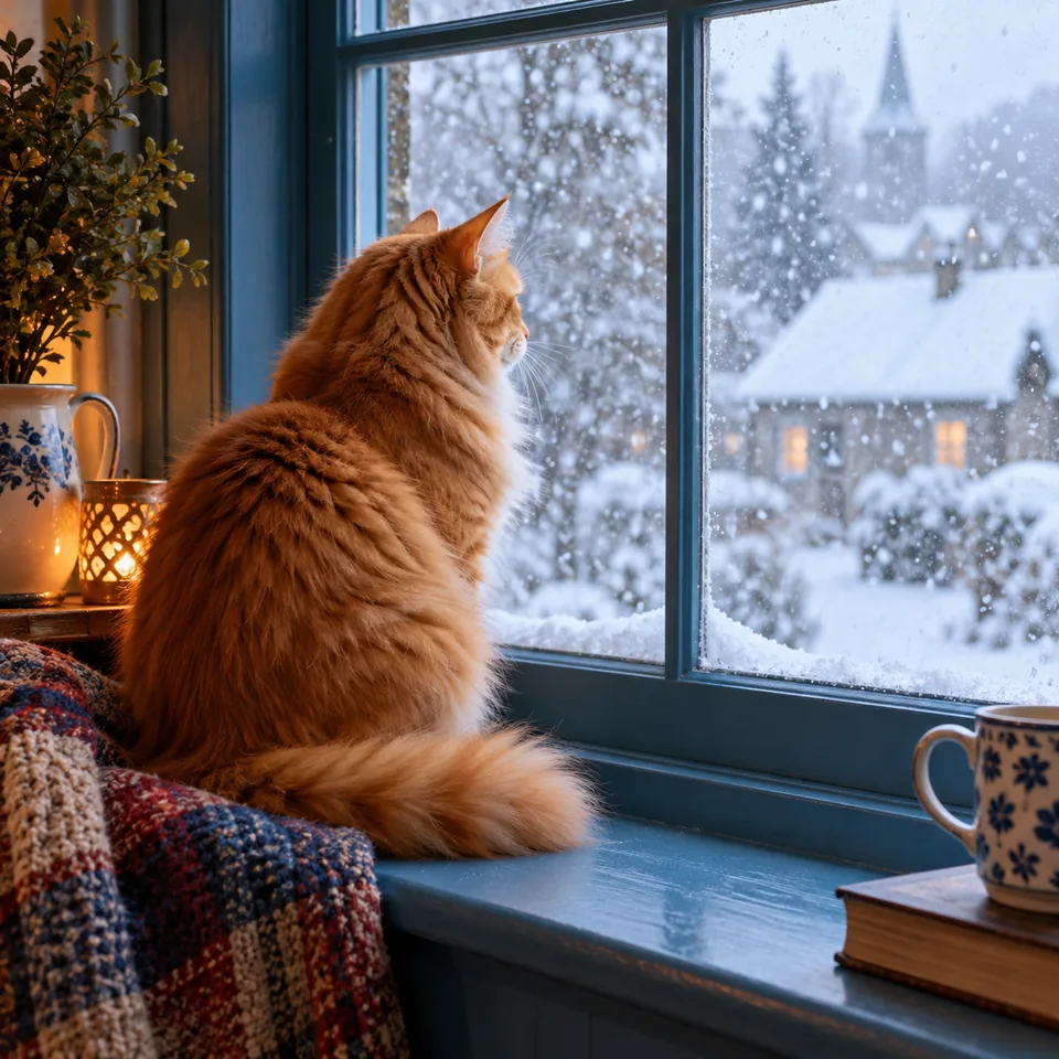 A fluffy orange cat watching snow from a blue-painted windowsill, warm domestic photograph