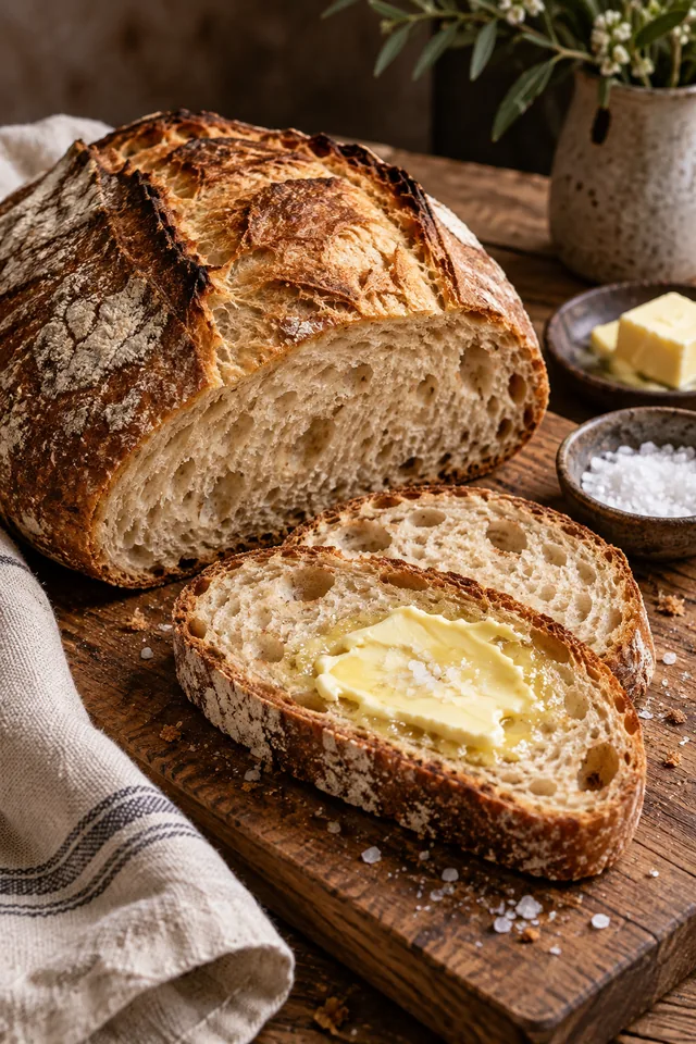 A rustic sourdough loaf sliced on a wooden board with butter and sea salt, inviting food editorial