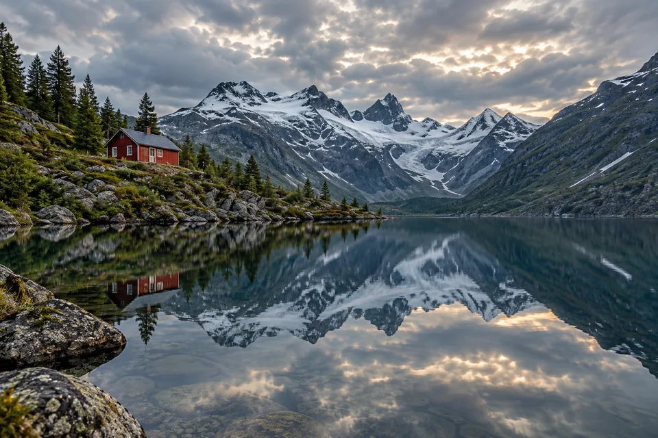 A tiny red cabin reflected in a still mountain lake beneath silver clouds, natural landscape photo