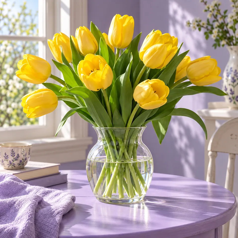A bouquet of yellow tulips in a clear glass vase on a lavender table, crisp spring still life