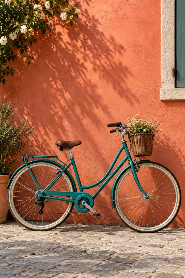 A teal commuter bicycle parked against a coral stucco wall, simple lifestyle product photograph