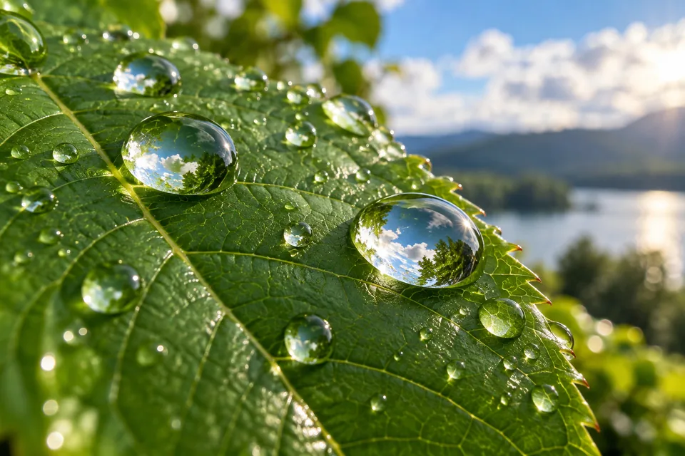 A macro photograph of a green leaf with large clear raindrops reflecting the sky