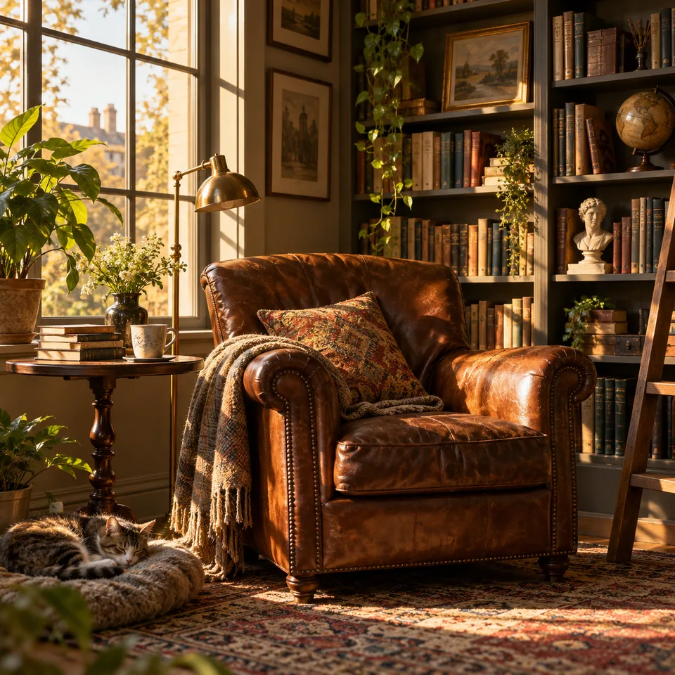 A cozy library corner with brown leather chair and golden afternoon light, interior photograph
