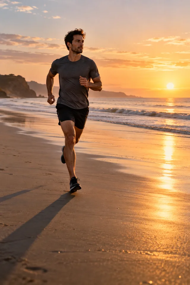 An adult runner on an empty beach at dawn with a long soft shadow, athletic lifestyle photograph