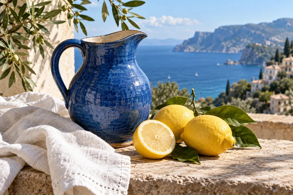 A ceramic blue pitcher beside lemons and a white linen cloth, Mediterranean still life