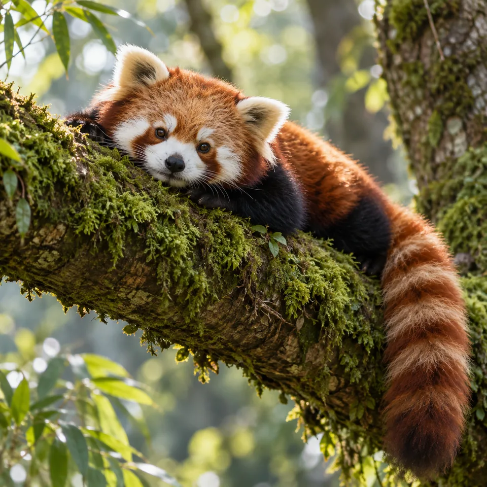 A red panda resting on a mossy branch in soft forest light, natural wildlife photograph