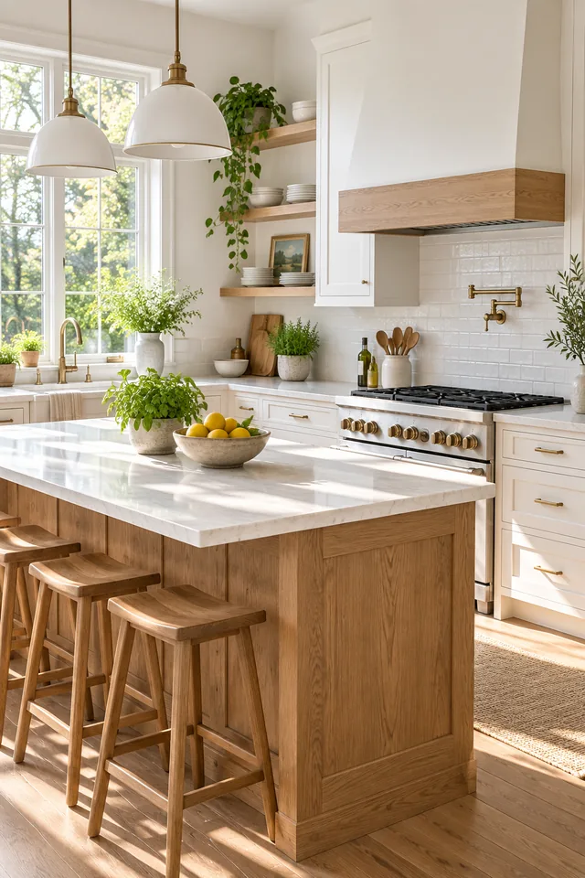 A sunlit white kitchen with warm oak details and fresh herbs, clean architectural photograph