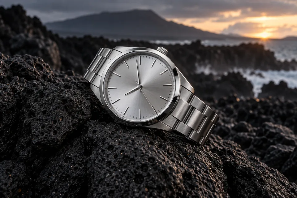 A silver watch without visible brand on black volcanic stone, precise macro product photography