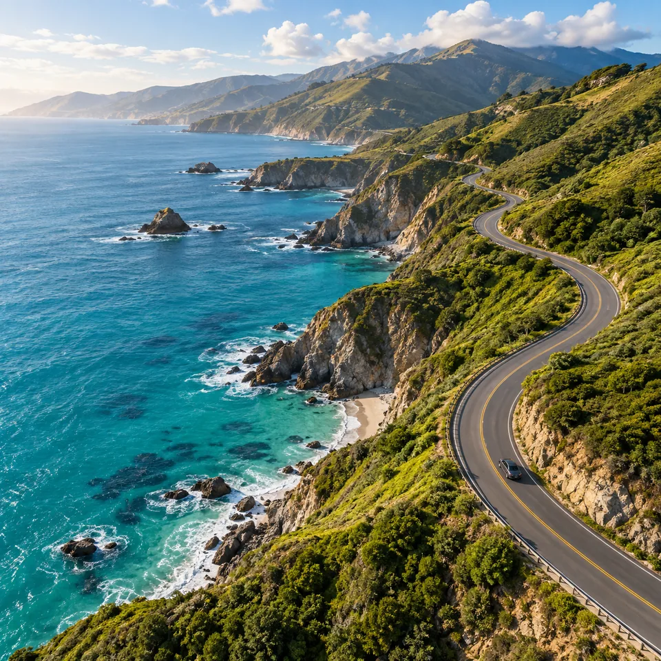 A winding coastal road between green hills and turquoise water, expansive aerial travel photo