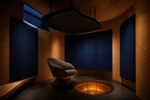 An amber and cobalt listening room with sculptural furniture
