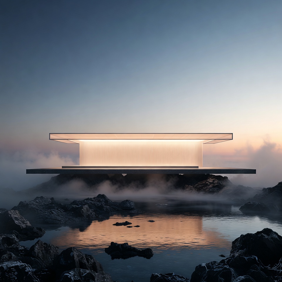 AI-generated square architectural study of a glowing amber pavilion above a basalt platform, mineral pool, and cobalt dawn mist