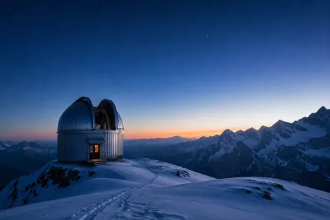 A silver observatory on a snowy alpine ridge at blue hour