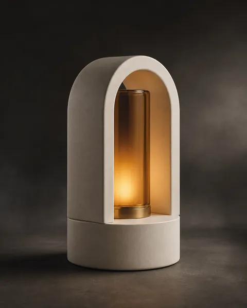 An ivory arch lamp glowing amber against a warm neutral background