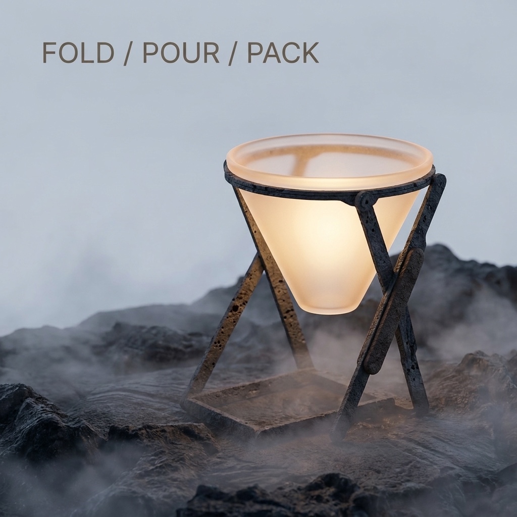 A folding trail brewer with an amber cup standing among dark rocks and mist