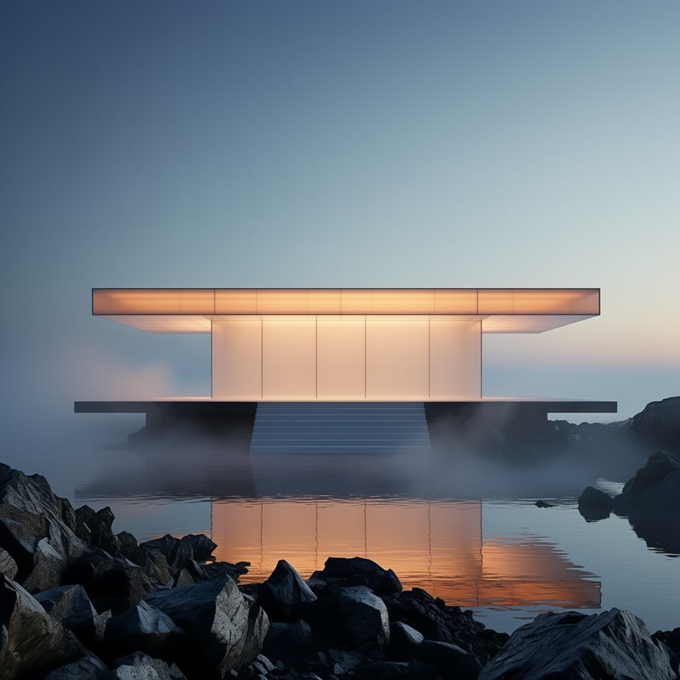 AI-generated square scene of a luminous amber grid pavilion above dark reflective water in cobalt-grey dawn mist